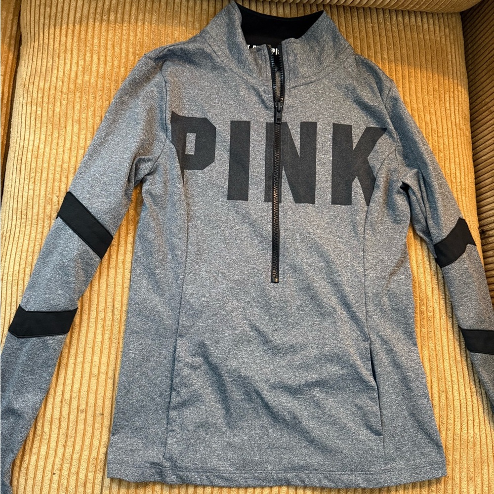 PINK Victoria's Secret Gray Zip-Up with Black Lettering